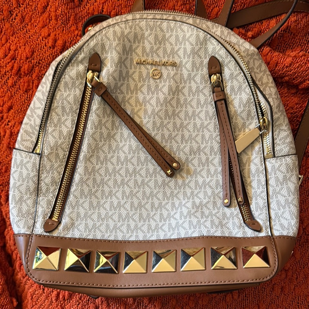 Michael Kors Brown and Gold Backpack with Pyramid Studs